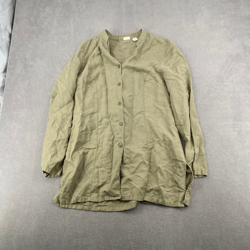 Caslon Olive Green Linen Tencel Blend Button Front Tunic Top Large CN80552MI